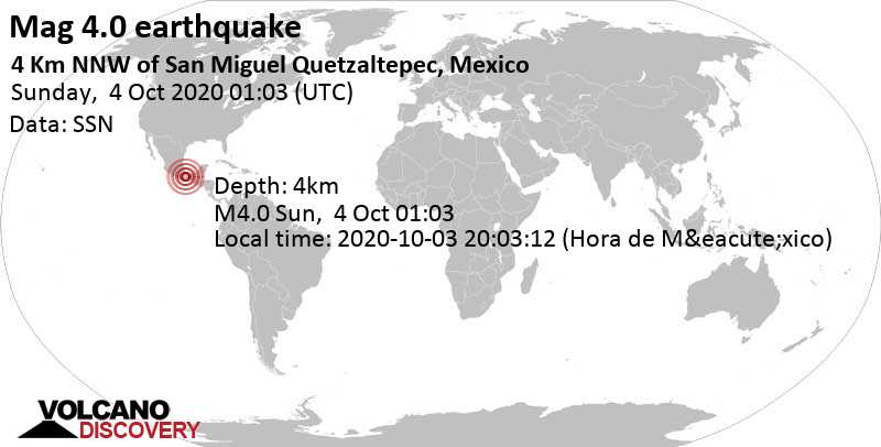 Moderate mag. 4.0 earthquake - 4.2 km north of San Miguel Quetzaltepec, Oaxaca, Mexico, on 2020-10-03 20:03:12 (Hora de México)
