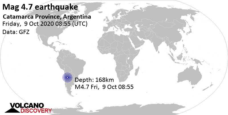 Light mag. 4.8 earthquake - 172 km southwest of San Miguel de Tucumán, Argentina, on 9 Oct 5:55 am (GMT -3)