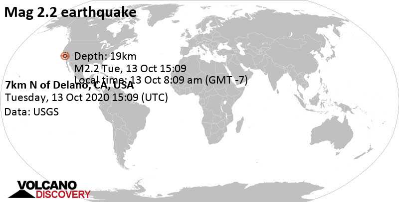 Minor mag. 2.2 earthquake - 4.6 mi north of Delano, California, USA, on 13 Oct 8:09 am (GMT -7)