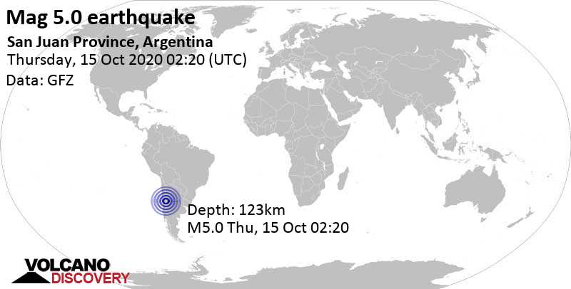 Mag. 5.1 earthquake - 39 km west of Ciudad de San Juan, Departamento de Capital, San Juan, Argentina, on Wednesday, Oct 14, 2020 11:20 pm (San Juan time)