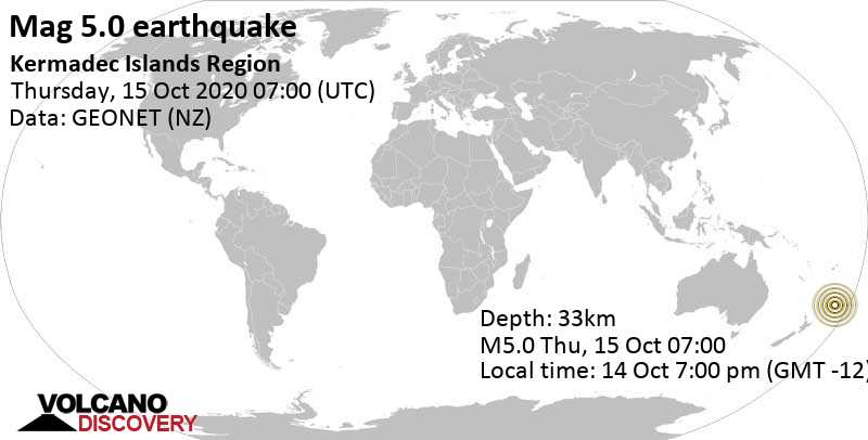 Умеренное землетрясение маг. 5.0 - South Pacific Ocean, Новая Зеландия, 14 Oct 7:00 pm (GMT -12)