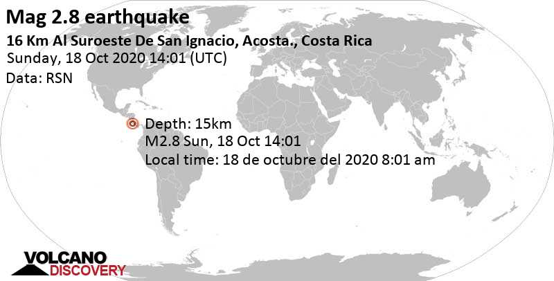 Weak mag. 2.8 earthquake - 16 Km Al Suroeste De San Ignacio, Acosta., Costa Rica, on 18 de octubre del 2020 8:01 am