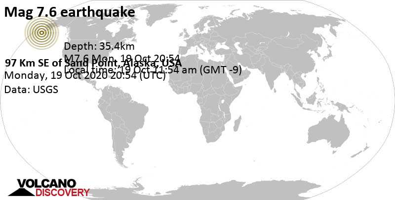 Major magnitude 7.6 earthquake - 60 mi southeast of Sand Point, Aleutians East, Alaska, USA, on Monday, Oct 19, 2020 at 11:54 am (GMT -9)