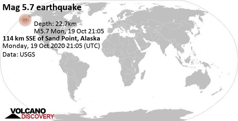 Strong mag. 5.7 earthquake - 65 mi southeast of Sand Point, Aleutians East, Alaska, USA, on Monday, Oct 19, 2020 at 10:06 am (GMT -11)
