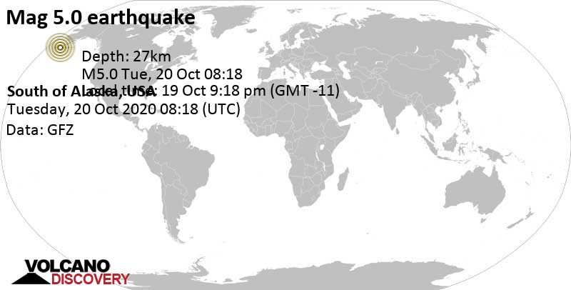 Moderate mag. 5.0 earthquake - 59 mi southeast of Sand Point, Aleutians East, Alaska, USA, on 19 Oct 9:18 pm (GMT -11)