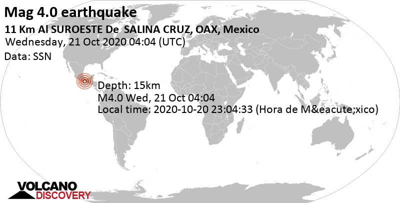 Light mag. 4.0 earthquake - 11 km west of Salina Cruz, Oaxaca, Mexico, on 2020-10-20 23:04:33 (Hora de México)