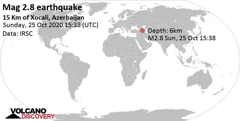 Weak mag. 2.8 earthquake - Kalbajar, 15 km northwest of Khojaly District (Xocalı), Azerbaijan, on Sunday, October 25, 2020 at 15:38 GMT