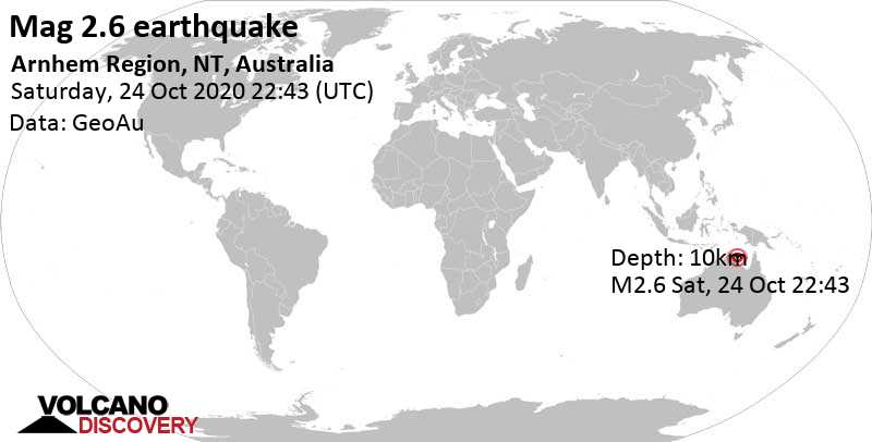 Weak mag. 2.6 earthquake - Arnhem Region, NT, Australia, on Saturday, October 24, 2020 at 22:43 GMT