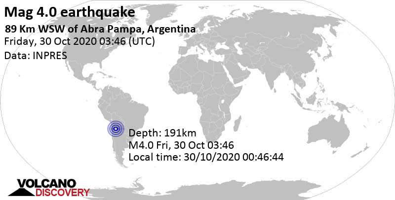 Light mag. 4.0 earthquake - 172 km northwest of San Salvador de Jujuy, Doctor Manuel Belgrano, Argentina, on Friday, Oct 30, 2020 at 12:46 am (GMT -3)