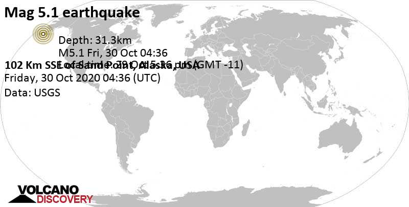 Terremoto moderado mag. 5.1 - 63 miles SSE of Sand Point, Aleutians East, Alaska, USA, jueves, 29 oct 2020 20:36 (GMT -8)