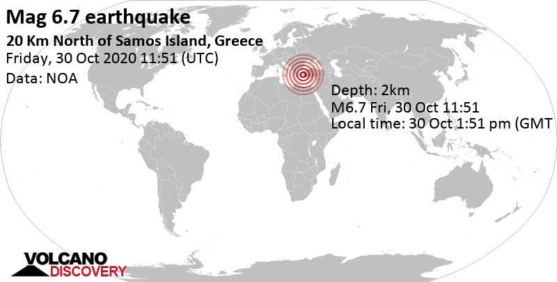 Schweres Erdbeben der Stärke 6.7 - Ägäisches Meer, 17 km nordöstlich von Karlovasi, Griechenland, am Freitag, 30. Okt 2020 um 13:51 Lokalzeit