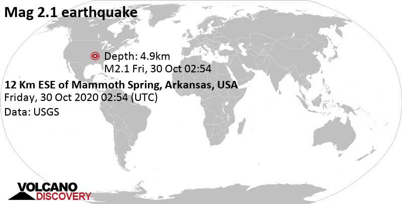 Weak mag. 2.1 earthquake - 11 miles NNE of Cherokee Village, Arkansas, on Friday, October 30, 2020 at 02:54 GMT