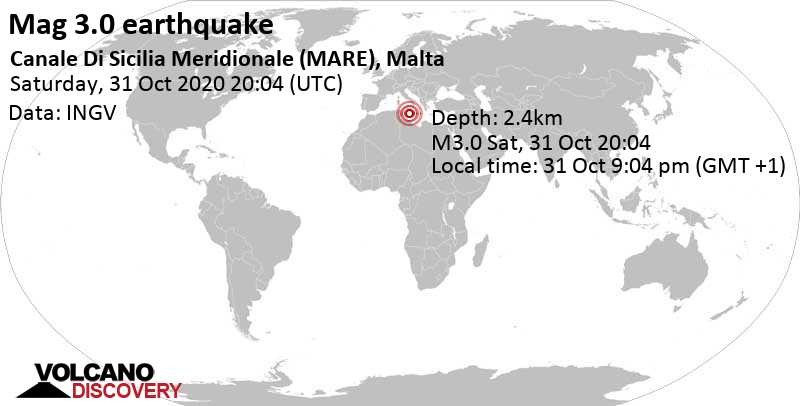 Light mag. 3.0 earthquake - 24 km SSW of Haz-Zebbug, Malta, on Saturday, Oct 31, 2020 at 9:04 pm (GMT +1)