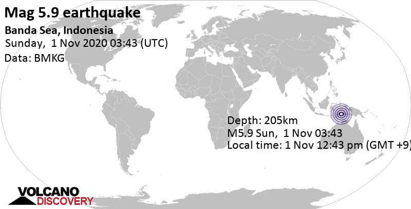 Moderate mag. 5.9 earthquake - Banda Sea, 413 km south of Ambon City, Maluku, Indonesia, on Sunday, Nov 1, 2020 at 12:43 pm (GMT +9)
