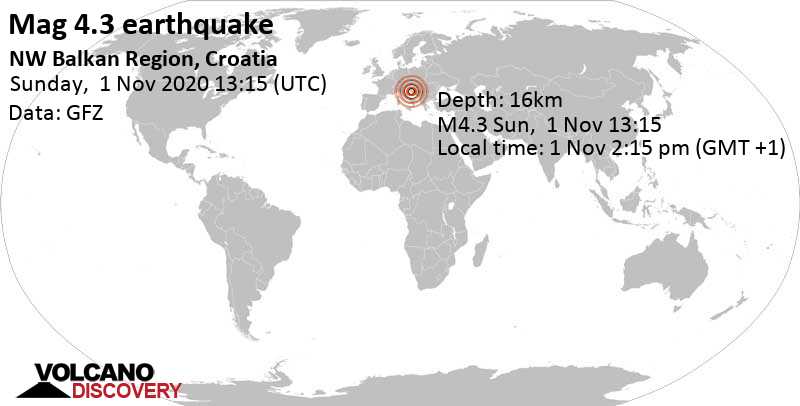 Умеренное землетрясение маг. 4.3 - Zadar, 12 km к западу от Sveti Rok, Хорватия, Воскресенье,  1 ноя 2020 14:15 (GMT +1)