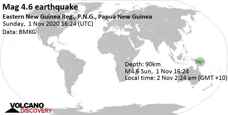 Leichtes Erdbeben der Stärke 4.6 - 21 km östlich von Kainantu, Eastern Highlands Province, Papua-Neuguinea, am Montag,  2. Nov 2020 um 02:24 Lokalzeit