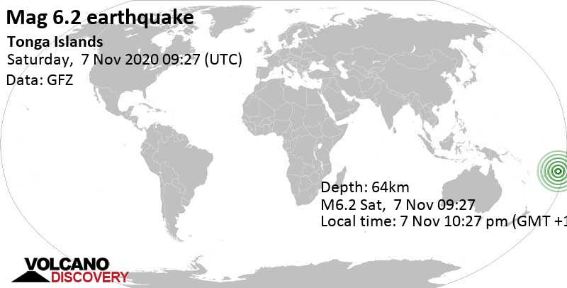 Strong mag. 6.2 Earthquake - Tonga Islands on Saturday, Nov 7, 2020, at 10:27 pm (GMT +13)