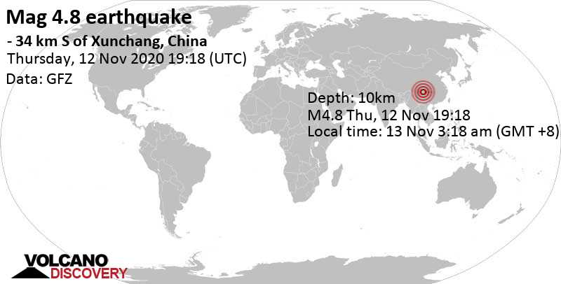 Terremoto moderado mag. 4.8 - 10.4 km SSE of Xunchang, Sichuan, China, viernes, 13 nov 2020 03:18 (GMT +8)