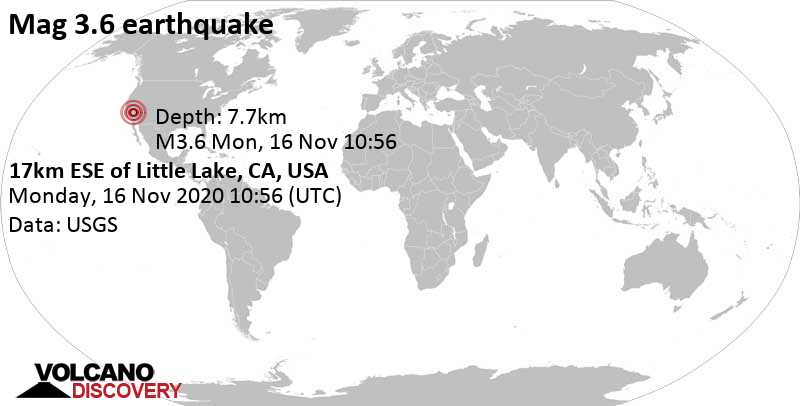 Light mag. 3.6 earthquake - 19 mi north of Ridgecrest, California, on Monday, Nov 16, 2020 at 2:56 am (GMT -8)