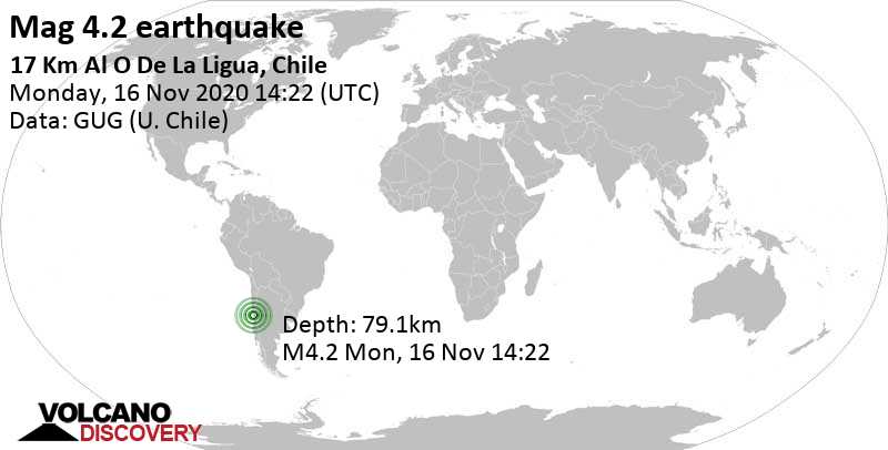 Light mag. 4.2 earthquake - 134 km northwest of Santiago, Región Metropolitana, Chile, on Monday, Nov 16, 2020 at 11:22 am (GMT -3)