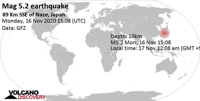 Strong mag. 5.2 earthquake - Philippine Sea, 91 km southeast of Naze, Amami Shi, Kagoshima, Japan, on Tuesday, Nov 17, 2020 at 12:08 am (GMT +9)