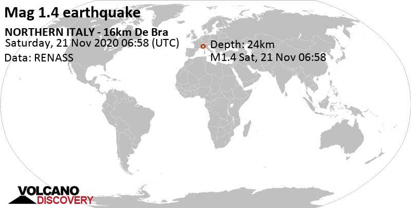 Weak mag. 2.1 earthquake - 0.5 km west of Ruffia, Provincia di Cuneo, Piemonte, Italy, on Saturday, Nov 21, 2020 at 7:58 am (GMT +1)