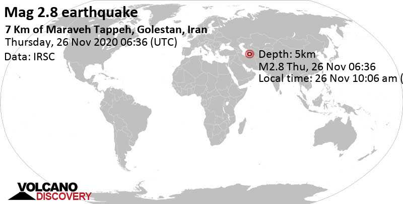 Terremoto leve mag. 2.8 - 78 km NNE of Kalāleh, Kalaleh, Golestan, Iran, jueves, 26 nov 2020 10:06 (GMT +3:30)