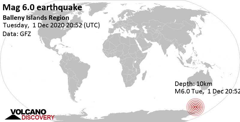 Very strong mag. 6.0 Earthquake - Balleny Islands Region on Wednesday, Dec 2, 2020, at 06:52 am (GMT +10)