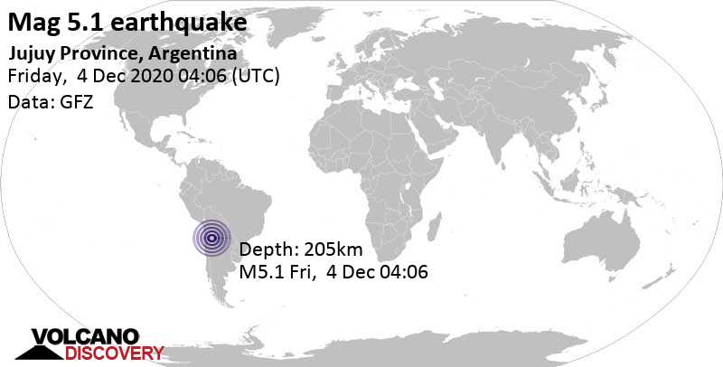 Moderate mag. 5.1 earthquake - Departamento de Susques, Jujuy, 50 km northwest of San Antonio de los Cobres (Salta), Argentina, on Friday, Dec 4, 2020 at 1:06 am (GMT -3)