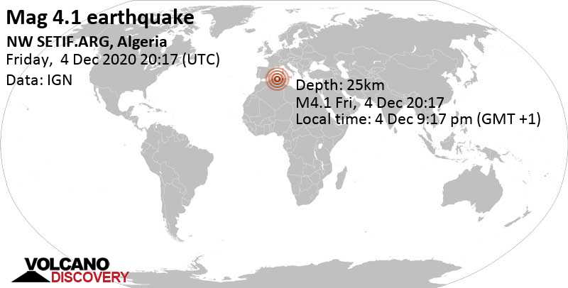 Séisme faible mag. 4.1 - 3.8 km au nord-est de Lafayette, Setif, Algérie, vendredi,  4 déc. 2020 21:17 (GMT +1)