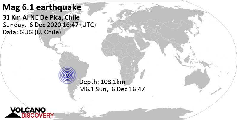 Strong mag. 6.1 earthquake - 114 km east of Iquique, Tarapaca, Chile, on Sunday, Dec 6, 2020 at 1:47 pm (GMT -3)