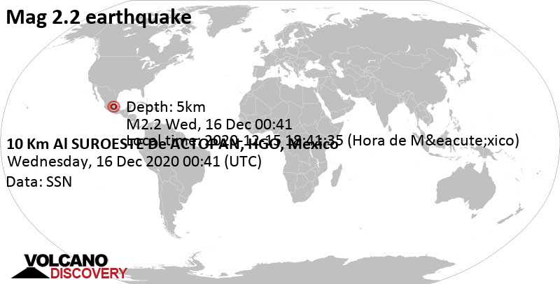 Weak mag. 2.2 earthquake - El Rosario, 0.2 km west of Barrio los Amigos, Hidalgo, Mexico, on 2020-12-15 18:41:35 (Hora de México)