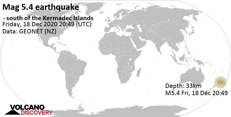 Fuerte terremoto magnitud 5.4 - South Pacific Ocean, 742 km NE of Tauranga, Bay of Plenty, New Zealand, sábado, 19 dic 2020 09:49 (GMT +13)