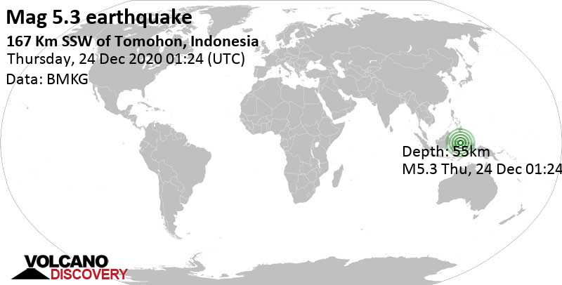 Moderate mag. 5.3 earthquake - Molucca Sea, 189 km southeast of Gorontalo, Indonesia, on Thursday, Dec 24, 2020 at 9:24 am (GMT +8)