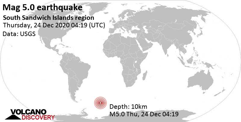 Сильное землетрясение магнитудой 5.1 - South Atlantic Ocean, Южная Георгия и Южные Сандвичевы о-ва, Четверг, 24 дек 2020 02:19 (GMT -2)