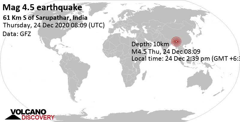 Moderate mag. 4.5 earthquake - 74 km west of Myitkyina, Myitkyinā District, Kachin State, Myanmar (Burma), on Thursday, Dec 24, 2020 at 2:39 pm (GMT +6:30)