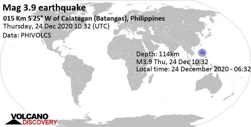 Weak mag. 3.9 earthquake - South China Sea, 15 km south of Calatagan, Batangas, Calabarzon, Philippines, on Thursday, Dec 24, 2020 at 6:32 pm (GMT +8)