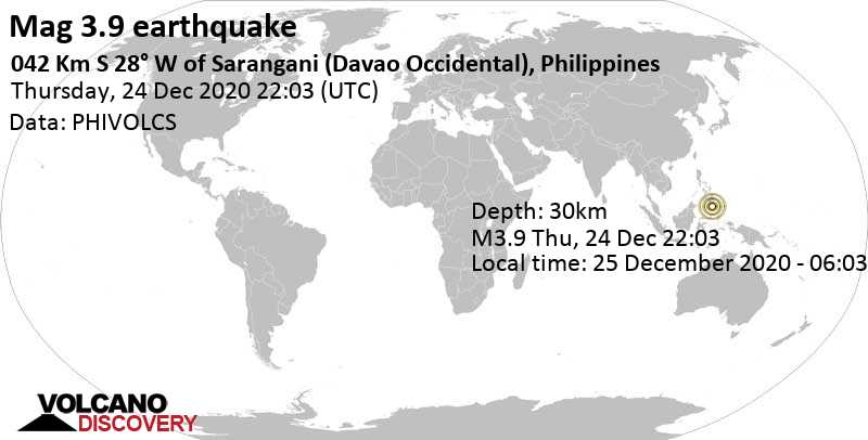 Light mag. 3.9 earthquake - Celebes Sea, 45 km southwest of Sarangani, Davao Occidental, Philippines, on Friday, Dec 25, 2020 at 6:03 am (GMT +8)