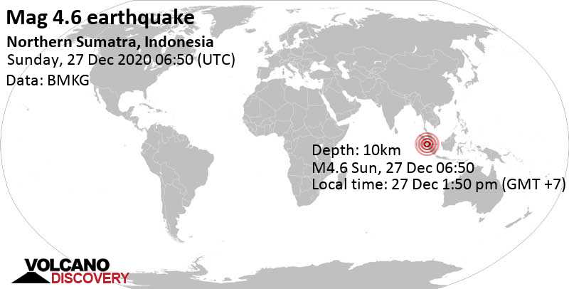 Moderate mag. 4.6 earthquake - 95 km northwest of Bukittinggi, Sumatra Barat, Indonesia, on Sunday, Dec 27, 2020 at 1:50 pm (GMT +7)