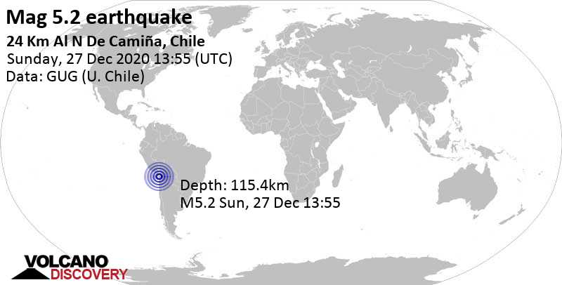 Moderate mag. 5.2 earthquake - Tarapaca, 109 km southeast of Arica, Region de Arica y Parinacota, Chile, on Sunday, Dec 27, 2020 at 10:55 am (GMT -3)