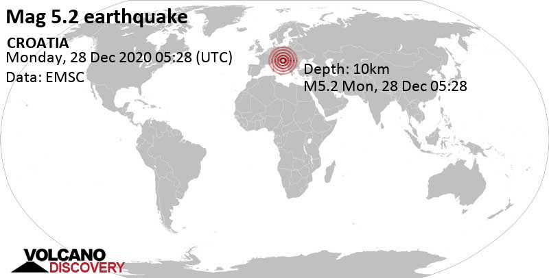 Strong mag. 5.2 earthquake - 5.8 km west of Petrinja, Sisak-Moslavina, Croatia, on Monday, Dec 28, 2020 at 6:28 am (GMT +1)