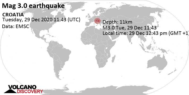 Leichtes Erdbeben der Stärke 3.0 - 0.7 km nordöstlich von Pecki, Town of Petrinja, Sisak-Moslavina, Kroatien, am Dienstag, 29. Dez 2020 um 12:43 Lokalzeit