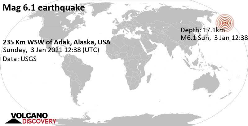 Very strong mag. 6.1 earthquake - Bering Sea, 146 mi west of Adak, Aleutians West, Alaska, USA, on Sunday, Jan 3, 2021 at 2:38 am (GMT -10)