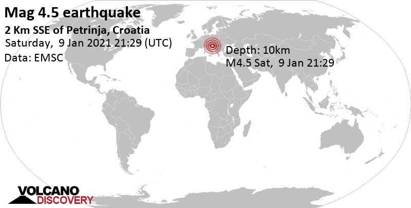 Moderate mag. 4.5 earthquake - 1.3 km west of Petkovac, Town of Petrinja, Sisak-Moslavina, Croatia, on Saturday, Jan 9, 2021 at 10:29 pm (GMT +1)