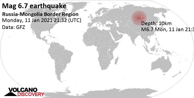 Major magnitude 6.7 earthquake - 36 km south of Turt, Khankh, Hövsgöl Aymag, Mongolia, on Tuesday, Jan 12, 2021 at 5:32 am (GMT +8)