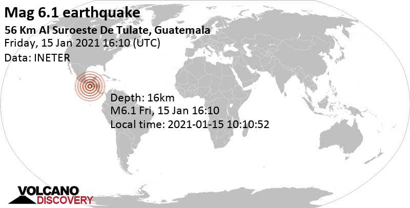 Terremoto molto forte magnitudine 6.1 - North Pacific Ocean, 57 km a sud ovest da Champerico, Guatemala, venerdì, 15 gen 2021 10:10 (GMT -6)