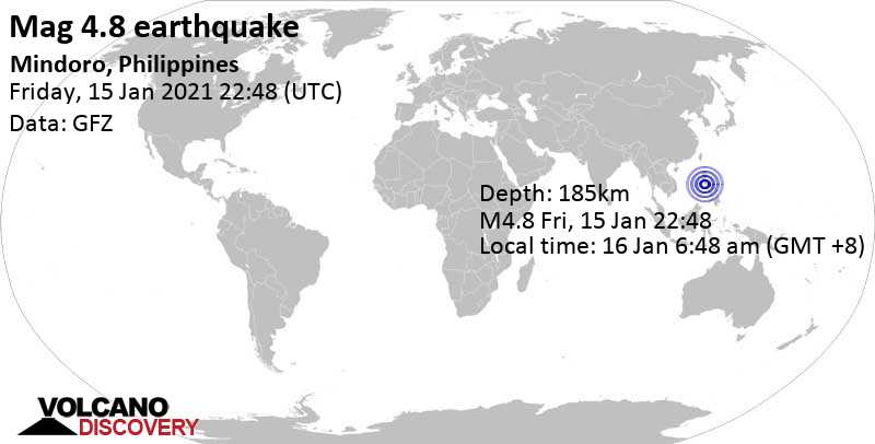 Light mag. 4.8 earthquake - South China Sea, 10.9 km south of Calaca, Batangas, Calabarzon, Philippines, on Saturday, Jan 16, 2021 at 6:48 am (GMT +8)
