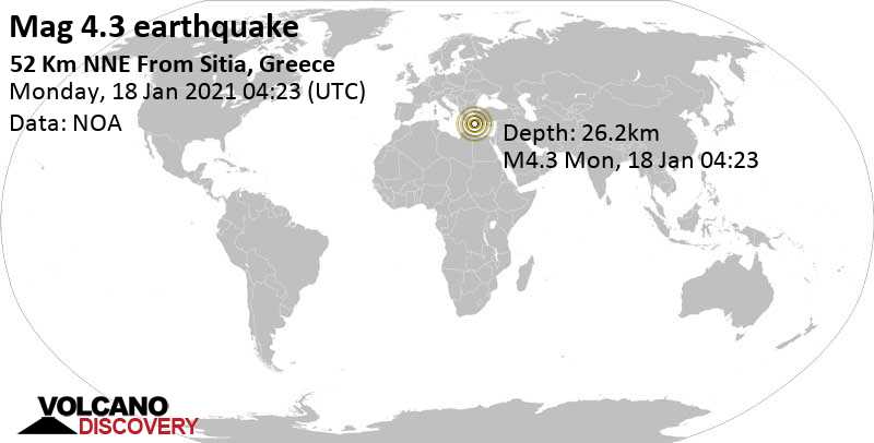 Light mag. 4.3 earthquake - Aegean Sea, 53 km north of Sitia, Lasithi, Crete, Greece, on Monday, Jan 18, 2021 at 6:23 am (GMT +2)