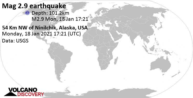 Minor mag. 2.9 earthquake - 40 mi west of Kalifornsky, Kenai Peninsula, Alaska, USA, on Monday, Jan 18, 2021 at 8:21 am (GMT -9)