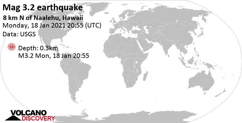 Light mag. 3.2 earthquake - 7.1 mi southwest of Pāhala, Hawaii County, USA, on Monday, Jan 18, 2021 at 10:55 am (GMT -10)